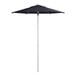 A navy blue Lancaster Table & Seating umbrella with a silver pole and lift.