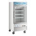 An Avantco white glass door freezer on wheels.
