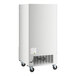 An Avantco white rectangular glass door freezer on wheels.