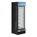 An Avantco black glass door refrigerator with LED lighting.