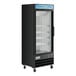 An Avantco black merchandising refrigerator with a left-hinged glass door.