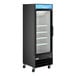 A black glass door merchandiser refrigerator with LED lighting and adjustable shelves.