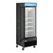 A black left-hinged glass door merchandiser refrigerator with LED lighting and multiple shelves.