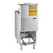 A Wolf liquid propane floor fryer with a stainless steel cabinet and yellow label.