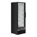 A black glass door merchandiser refrigerator with adjustable shelves and LED lighting.