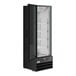 A black left-hinged glass door merchandiser refrigerator with LED lighting and adjustable shelves.
