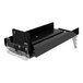 A black metal shelf with clear plastic holders holding black Retail Space Solutions SpaceGrid II pusher systems.