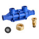 A blue plastic Seko manifold with brass fittings and a blue water hose attached.