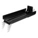A black metal Retail Space Solutions SpaceGrid II pusher tray with metal legs and clips.