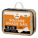 A tan bag with white text and a white label for a Xpose Safety tan square shade sail.