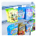 A white retail display rack with blue bags of candy hanging from Retail Space Solutions Magna-Bar offset scanner pegs.