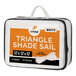 A white triangular shade sail in a white bag with a label.