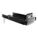 A black metal shelf with a Retail Space Solutions SpaceGrid Produce Pusher System on it.