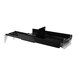 A black Retail Space Solutions SpaceGrid II heavy duty pusher system with a metal tray on top.