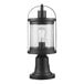 A black Globe post mount lantern with clear seeded glass shade.