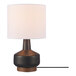 A Globe matte black and wood-toned table lamp with a white shade.