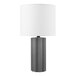 A grey ceramic table lamp with a white shade.