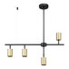 A matte black metal pendant with three matte brass Globe track lights hanging.