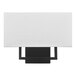 A black rectangular wall sconce with a white rectangular lamp shade.