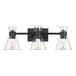 A Globe 3-light matte black vanity light with clear glass shades on a white background.