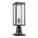A Globe matte black outdoor post mount light with clear glass shade.
