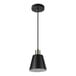 A black and gold Globe pendant light with a bell-shaped shade hanging in a coffee shop.