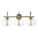 A Globe 3-light brass vanity light fixture with clear glass shades.