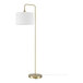 A brass floor lamp with a white shade.