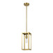 A long gold pole with a Globe matte brass pendant light and open rectangular shade over a table.