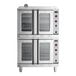 A Cooking Performance Group deep depth double deck commercial convection oven with glass doors and shelves.