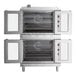 A white stainless steel Cooking Performance Group double deck convection oven with one door open.