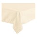 A white 100% spun polyester hemmed tablecloth with a folded edge.