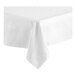 A close-up of a white Oxford cloth table cover with a folded satin band edge.