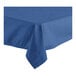 A close-up of a folded edge on a royal blue Oxford rectangular tablecloth.
