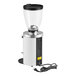 A Mahlkonig white espresso grinder with a black and silver container.