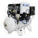 A white and black air compressor with black and blue pipes.