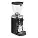 A black and silver Mahlkonig espresso grinder.