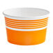 An orange and white paper cup with orange stripes.