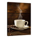 A wooden canvas with a white background featuring a close-up of a white coffee cup with steam coming out of it and coffee beans.