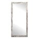 A rectangular mirror with a distressed white wooden frame.