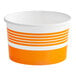 A white and orange paper bowl with orange stripes.