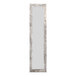 A rectangular mirror with a white frame and gray border.