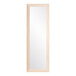 A long rectangular mirror with a natural wood frame.