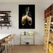 Elephant Stock canvas wall art with a wine glass and two glasses of champagne on a bar with wine shelves and a painting of two glasses.