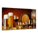 A canvas wall art print of wine and beer glasses on a table with a barrel.