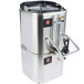 A stainless steel Grindmaster coffee shuttle with a handle.