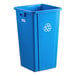 A blue Lavex 25 gallon square recycling bin with a recycle symbol on it.