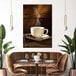 A canvas wall art of a hot cup of coffee on a table with coffee beans and a white bowl on it.