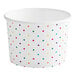 A white paper cup with multicolored dots.