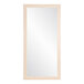 A rectangular mirror with a natural wood frame.